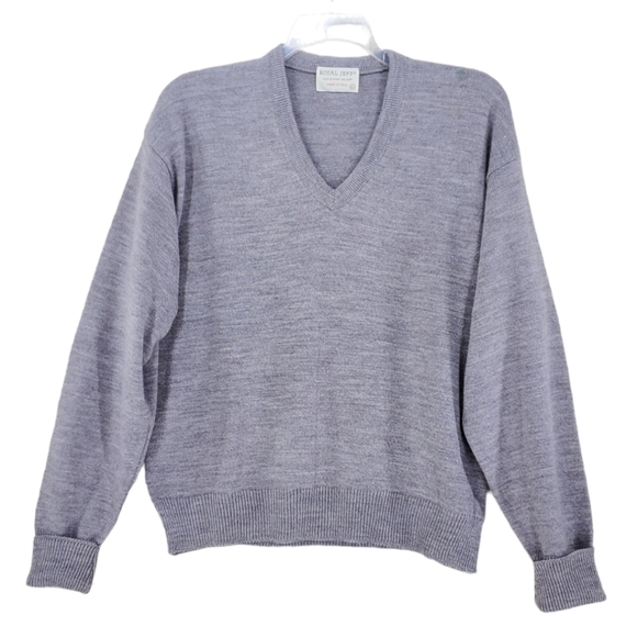 70s Royal Jeff Knit Sweater Gray V Neck Pullover Ribbed Trim Mens L VTG USA Made - Picture 1 of 11